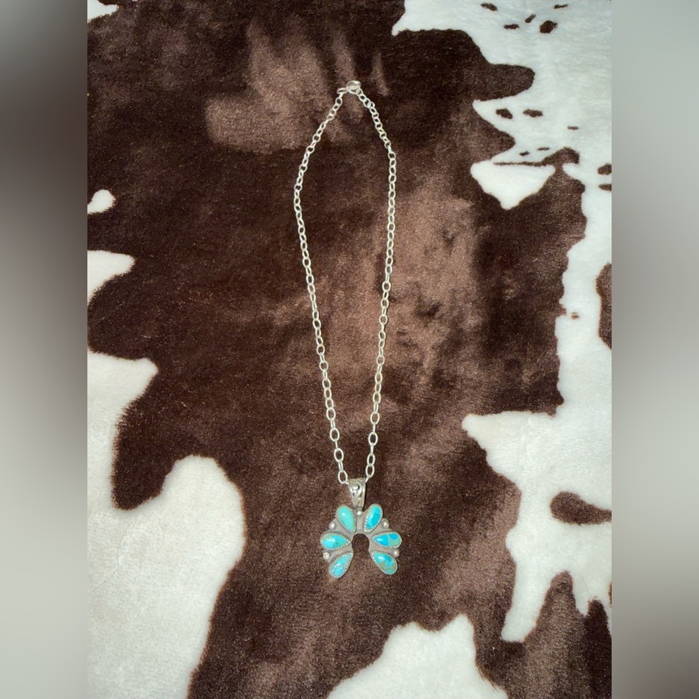 Turquoise Petal Pendant Necklace - Silver Tone